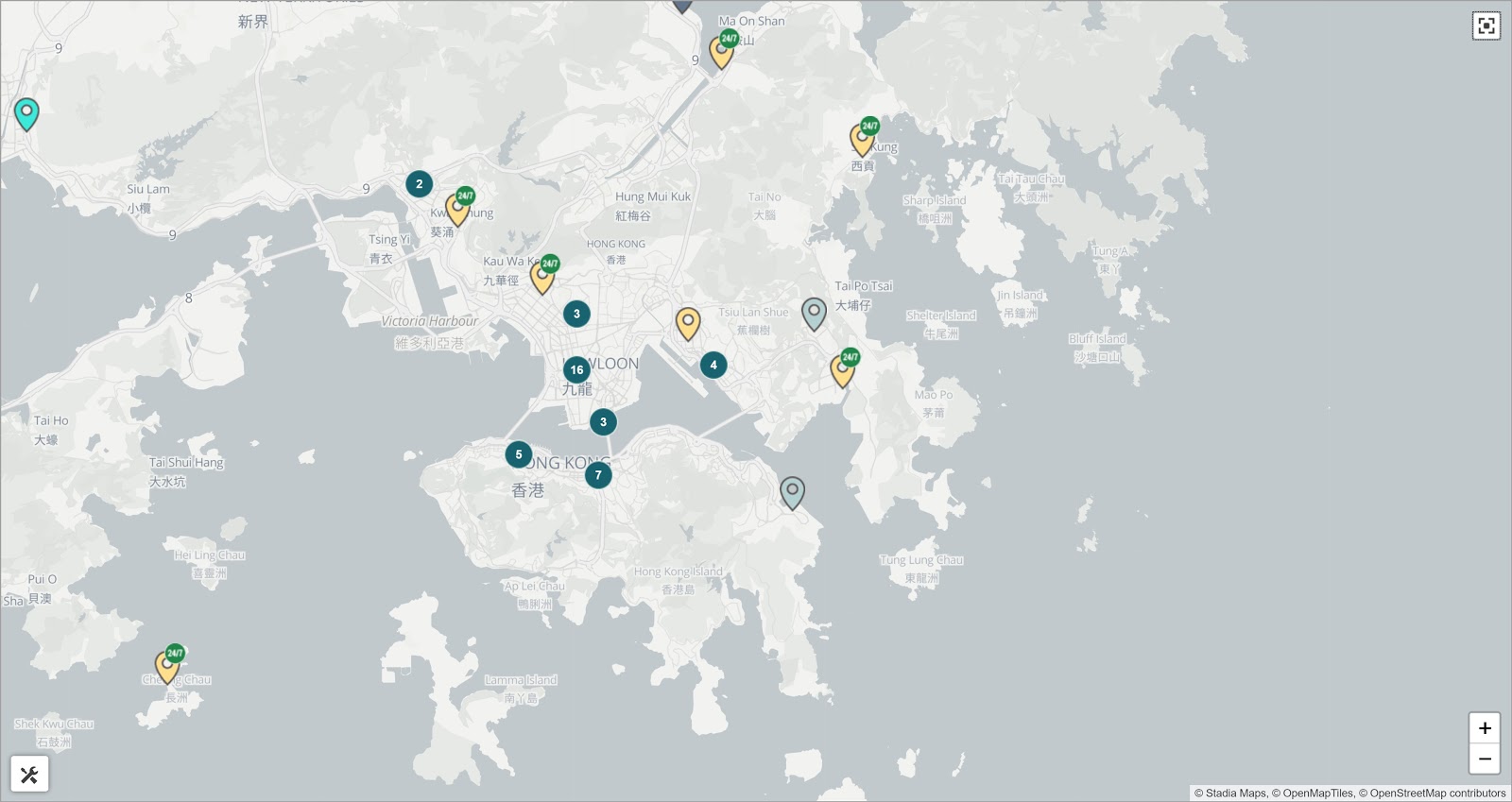 Kartta Bitcoin-pankkiautomaateista Hongkongissa ja sen ympäristössä
